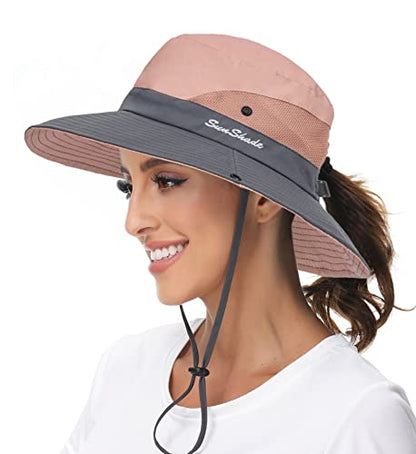 Sun Hat for Women Summer UV Protection Beach Hat Wide Brim Mesh Bucket Fishing Hat with Ponytail Hole Foldable Packable Hat - color: Blue+pink(with Ponytail Hole)
