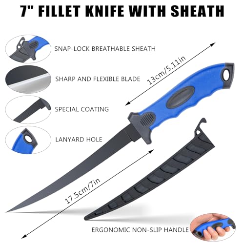 Fishing Tool Kit, 50 Pieces Fishing Gear, Fishing Pliers with Lanyard, Fillet Knife, Fish Lip Gripper, Fly Ice Fishing Hook Extractor, Anti-Cutting Gloves, Fishing Lures Baits Accessories