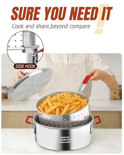 10QT Fish Fryer Pot with Basket, Lid & Tongs, Alumuinum Frying Pot | Deep Fryer Pot with Thermometer, For Fish, Chicken Wings & French Fries, Open Flame Only