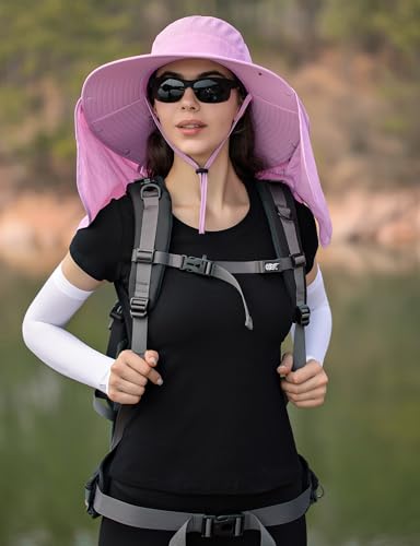 HUAMULAN Women Large Brim Sun Hat with Neck Flap, Men Quick Dry Hiking Fishing Safari Hat UPF 50+ - color: Lavender Pink ‌with Mesh Panel