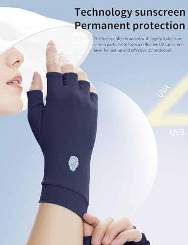 Men's Women's SPF Fingerless Gloves Mittens Sun Protection Unisex Driving Gloves UPF 50+ With Silicone Gel - color: Navy, size: Medium