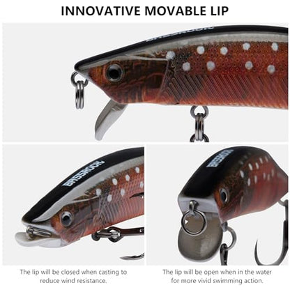 BASSROCK Minnow Swimbait Bass Trout Fishing Lure with Movable Lip Hard Bait 3.5” 1/2oz - color: Red Char