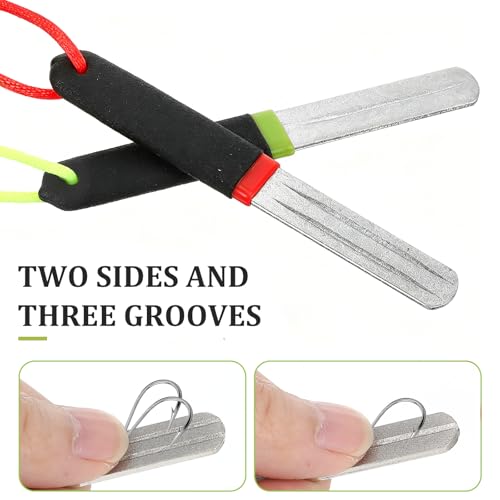 Yuanchu 2Pcs Hook Sharpener, Fishing Hook File for Diamond File with Handle, Portable Grinding Tool with Double Sided Fine Medium Grit - color: Red + Green