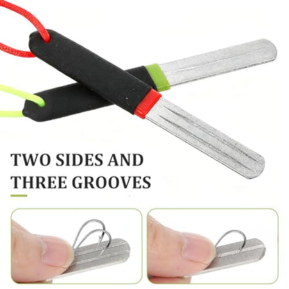 Yuanchu 2Pcs Hook Sharpener, Fishing Hook File for Diamond File with Handle, Portable Grinding Tool with Double Sided Fine Medium Grit - color: Red + Green