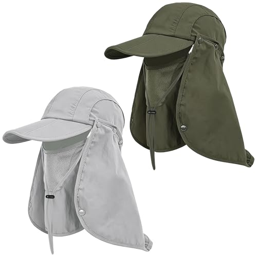 2Pack Men’s Foldable Sun Hat with Removable Face Mask & Neck Flap, UPF 50+ UV Protection, Quick-Drying Outdoor Fishing Cap - color: Light Grey+army Green