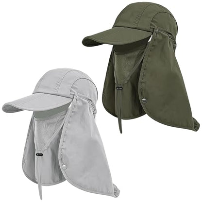 2Pack Men’s Foldable Sun Hat with Removable Face Mask & Neck Flap, UPF 50+ UV Protection, Quick-Drying Outdoor Fishing Cap - color: Light Grey+army Green