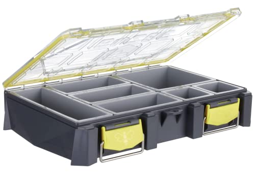 BUZBE Colony 15 Modular Tackle Box, Customizable Waterproof Plastic Organizer, Fishing Tackle Storage, Small Parts Box, Grey and Yellow - style: Colony 15 with Bins