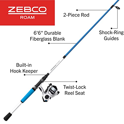 Zebco Roam Spinning Reel and Fishing Rod Combo, 6-Foot Fiberglass Fishing Pole, Split ComfortGrip Handle, Soft-Touch Handle Knob, Changeable Right- or Left-Hand Retrieve - style: Size 30 Reel - 6'6" Rod - Blue