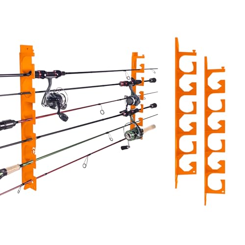 Aventik Horizontal Fishing Rod Holder for Garage Wall or Ceiling Mounted Fishing Pole Holder Holds 6 Rods or Combos, Fishing Rod Rack for Wall, Fishing Rod Storage Organizer (Orange) - style: Orange