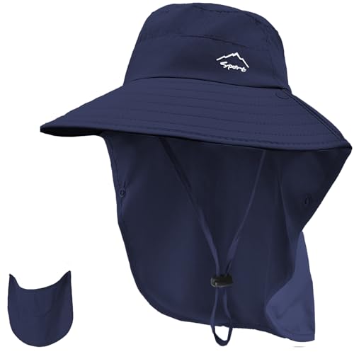 Rosoz Sun Hat for Men Women with Neck Flap,Wide Brim UPF50+ Fishing Hat with Detachable Face Cover Outdoor Sun Protection Hat - color: 1pack-dark Blue