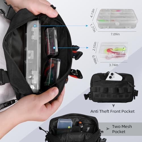 Outdoor Chest Bag for Men, Water-Resistant Fishing Chest Pack, Tactical Vest for Running, Cycling, Hiking - color: Black