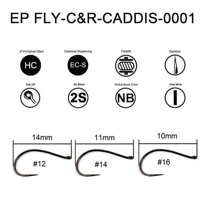 Eupheng Fly Fishing Hooks 100pc Pack Barbless Catch & Release Dry Wet Nymph Shrimp&Pupa, Streamer, Caddis, Jig, Scud Flies Fishing Hooks - color: EP Fly-C&R-CADDIS-0001, size: #12