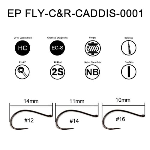 Eupheng Fly Fishing Hooks 100pc Pack Barbless Catch & Release Dry Wet Nymph Shrimp&Pupa, Streamer, Caddis, Jig, Scud Flies Fishing Hooks - color: EP Fly-C&R-CADDIS-0001, size: #14