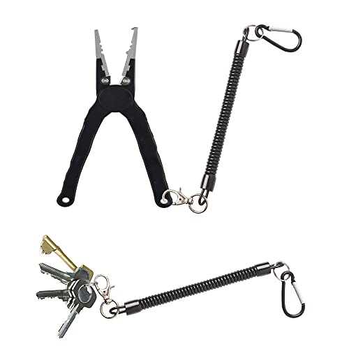 uxcell Spiral Fishing Lanyard, Retractable Safety Coiled Cord Lanyard with Lobster Clasp, Elastic Spring Coil Rope Strap Leash for Fishing, Climbing, Boating, Pliers Tool, 1 Pcs