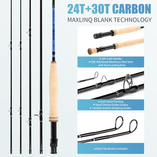 Maxcatch Extreme-X Fly Fishing Rod and Reel Combo, 3-8wt Complete Starter Fishing Outfit with Fly Box, Flies, Rod Clip Holder, Rod Case, Extra Tip Section - size: 3wt-8'4'' 4pc Rod, 3/4wt Reel