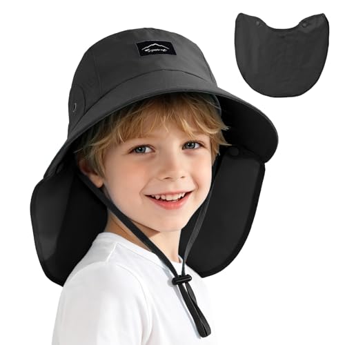 Kids Sun Hat with Detachable Neck Flap for Boys & Girls Wide Brim Fishing Hat for Kids Water Resistant UV Protection - color: 1 Pack-black