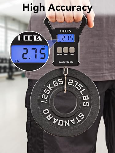 HEETA Fish Scale, 110lb/50kg Digital Portable Hanging Fishing Weight Scale with Backlit LCD Display, Luggage Scale with Hook, Non-Slip Large ABS Handle & 2 AAA Batteries, Fishing Gifts Gear for Men - color: Black