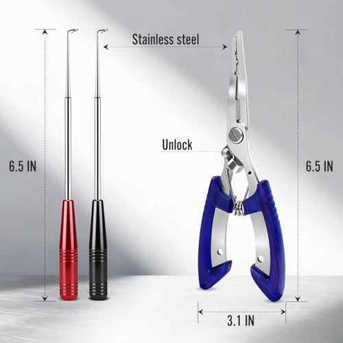 Fishing Pliers & Fish Hook Remover Tool Kit - 2 Stainless Steel Hook Removers with 1 Split Ring Pliers, Non-Slip Handle for Bass Trout Catfish, Saltwater Freshwater Family Fishing Gear