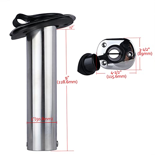 Hoffen 2Pcs Boat Stainless Steel Fishing Rod Holder Flush Mount 15/30/90 Degree with PVC Cap,Inner Tube and Gasket - style: 15 Degree