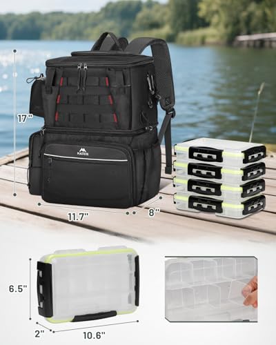 MATEIN Fishing Backpack with 4 Tackle Boxes, Fishing Bag with Rod Holder | 3600 Tackle Box 4 Pack, Water Resistant Tackle Backpack with Cooler Compartment, Safety Compass, Gifts for Fishermen - color: Black