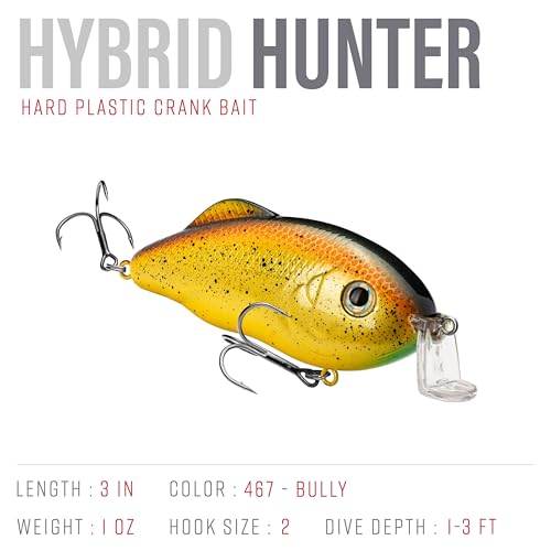 Strike King Hybrid Hunter Shallow Jr. Fishing Lure, Shallow Diving Crankbait, 90-Degree Bill, 3D Eyes, Loud Rattle, Dives 1 to 3-Feet,Size 4 & 6 Treble Hooks - color: Bully, size: 1 oz