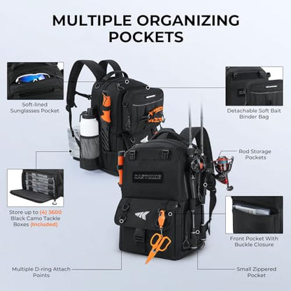 KastKing BaitSpace Fishing Tackle Backpack with Removable Bait Binder,2 Rod Holders Storage Fishing Gear and Equipment - color: E: Black, size: Without tackle box