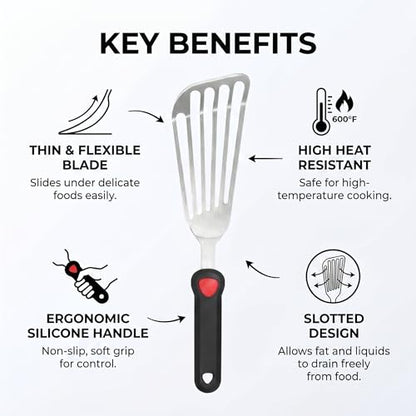 KSENDALO Thin Flexible & Sturdy Fish Spatula Stainless Steel for Kitchen Cooking Use Fish Spatula Egg Flipper Bbq Flipper Stainless Steel Blade Silicone Handle Heat Resistant Dishwasher Safe-Silver