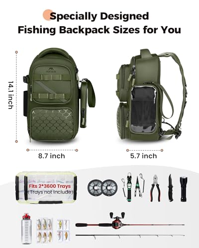 MATEIN Fishing Sling Bag with Phone Pouch, 3600 Tackle Box Backpack | Tackle Bag with Removable Bait Binder, Fishing Bag with Lure Rod Holder, Cooler Compartment, Waterproof, Women Fishing Gifts - color: Olive Green