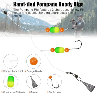 Pompano Rigs for Surf Fishing Saltwater Floats Catfishing Pompano Fishing Rigs with Double Circle Hooks and Pyramid Sinker 5pcs/8pcs - color: Orange and Yellow Pompano Rigs 5pcs