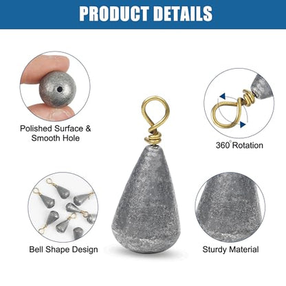 Fishing Weight Sinkers Bass Casting Weights Bell Sinkers Catfish Drop Shot Weight with Brass Ring Assorted Sizes Pear Sinker Weights for Ocean Saltwater Surf Bass Fishing - size: 3/8oz-20pcs