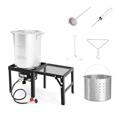 ROVSUN 30QT Turkey Fryer with 55,000BTU Propane Stove, Aluminum Deep Fryer & Seafood Crawfish Boiler Steamer with Basket, Thermometer, Marinade Injector, Turkey Rack & Rack Lifter for Outdoor Cooking - size: 30QT