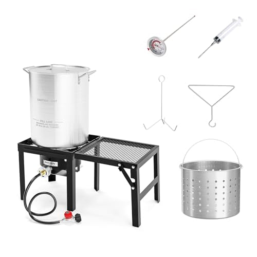 ROVSUN 30QT Turkey Fryer with 55,000BTU Propane Stove, Aluminum Deep Fryer & Seafood Crawfish Boiler Steamer with Basket, Thermometer, Marinade Injector, Turkey Rack & Rack Lifter for Outdoor Cooking - size: 30QT