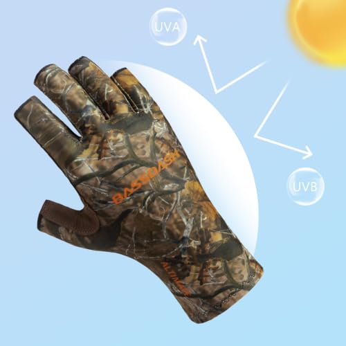 Bassdash ALTIMATE UPF 50+ Sun Protection Fingerless Fishing Gloves Men - color: Autumn Forest, size: Large