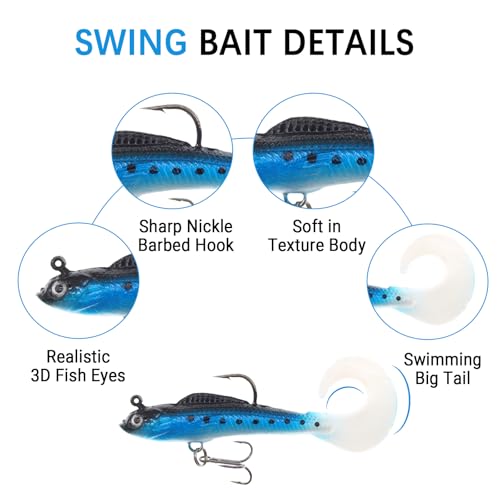 15PCS Lifelike Paddle Tail Swimbaits with Jig Heads, Pre-Rigged Soft Plastic Bass Fishing Lures Set, 6 Styles Trolling Baits for Freshwater & Saltwater, Includes Tackle Box