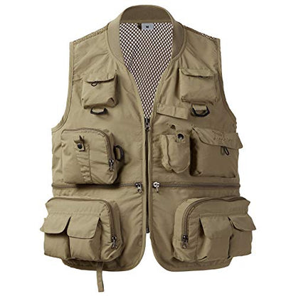BASSDASH Versatile Men's Women's Fishing Photography Vest with Mesh Back 6 Sizes - color: Khaki, size: XX-Large