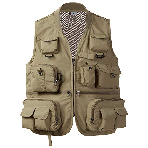 BASSDASH Versatile Men's Women's Fishing Photography Vest with Mesh Back 6 Sizes - color: Khaki, size: 3X-Large