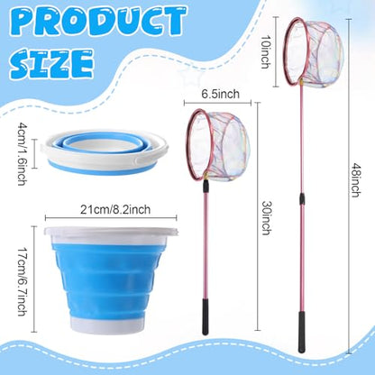 Telescopic Fishing Net with Bucket, Telescopic Fishing Landing Net, Lightweight Aluminum Pole Non Slip Handle for Catching Frogs Butterfly Fish Crab for Beach Stream Outdoor - color: Blue,Pink