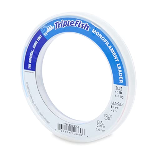 Triple Fish Monofilament Fishing Leader - Clear, Camo Strong Tough Leader Material for Big Game Fishing, Up to 400lb Test - color: Clear, style: 15 Lb Test, 0.40 Mm Dia, 50 Yd