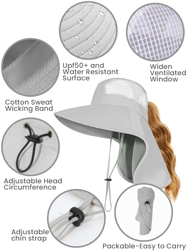 Sun Hats for Women UV Protection with Neck Flap Wide Brim Beach Hats with Ponytail Hole for Hiking Fishing Gardening Travel - color: Light Grey