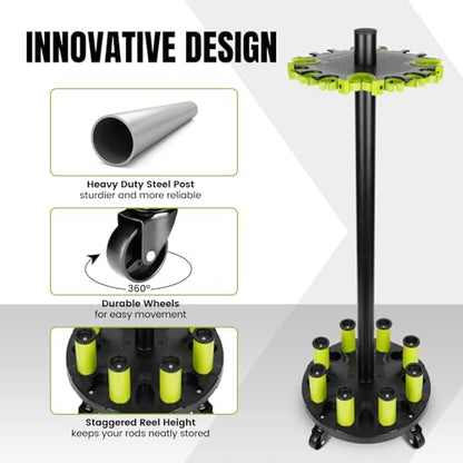 Hikeen Fishing Rod Holder for Garage, Fishing Pole Holders Rod Rack, Holds up to 20 Rods with Rolling Wheels, Fishing Gear Equipment Storage Organizer