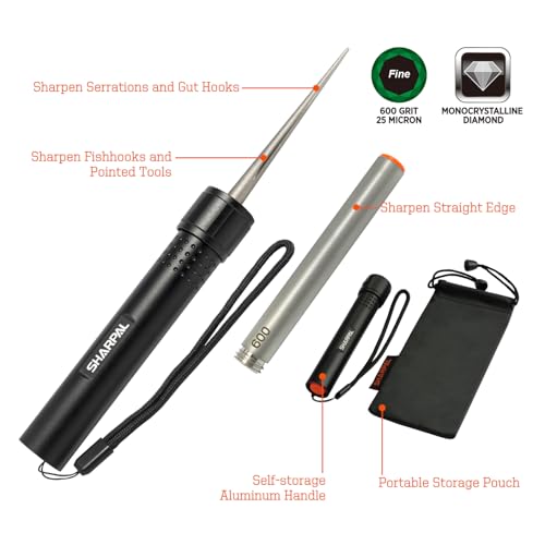 SHARPAL 178N 3-In-1 Pocket Knife Sharpener, 4-Inch 600 Grit | Diamond Sharpening Rod, For Straight & Serrated Blades and Hooks, Compact Tool, Aluminum Handle, Gifts for Men