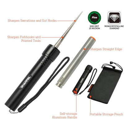 SHARPAL 178N 3-In-1 Pocket Knife Sharpener, 4-Inch 600 Grit | Diamond Sharpening Rod, For Straight & Serrated Blades and Hooks, Compact Tool, Aluminum Handle, Gifts for Men
