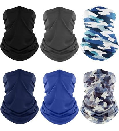 Fuinloth Neck Gaiter, 6 Pack Cooling UV Protection Bandana Face Mask Gator | Breathable Sweat Wicking, UPF 50, Sun Wind Dust Shield, Quick Dry & Washable, 95% Polyester 5% Spandex - color: Black+gray+navy+blue+ink-blended Blue+pixel Camo