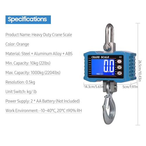 Hanging Scale, Geevorks Digital Crane Scale 1000KG/ 2204lbs, Industrial Crane Scale LCD Backlight with Unit Change/Data Hold/Tare/Zero for Construction Site Farm Hunting Fishing Outdoor Work