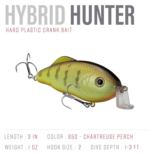 Strike King Hybrid Hunter Shallow Jr. Fishing Lure, Shallow Diving Crankbait, 90-Degree Bill, 3D Eyes, Loud Rattle, Dives 1 to 3-Feet,Size 4 & 6 Treble Hooks - color: Chartreuse Perch, size: 1 oz
