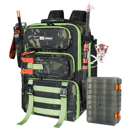 AYAMAYA Fishing Backpack, 40L Tackle Backpack with Rod Holders & 2 Tackle Trays, Large Water-resistant Fishing Bag Equipments - color: Camouflage, 2 Tackle Boxes