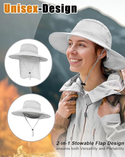 Outdoor Sun Hats with Stowable Neck Flap for Men Women UPF 50+ Mesh Summer Bucket Hat Wide Brim for Fishing Safari Hiking - color: Light Grey