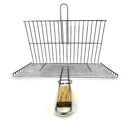 Hakan Grill Basket 11.8 x 15.8-inch for Outdoor Grill, Barbecue Basket for Fish, Steak, Chicken, Vegetables, Shish Kabob and Shrimp, Large Lockable Basket with Wooden Handle, Stainless Steel, BBQ