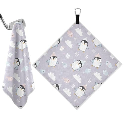 Christmas Penguins Fish Purple Print Magnetic Golf Towel for Golf Bags Microfiber Golf Accessories for Women Men with Carabiner Clip Attaches to Clubs and Carts, 17.7"x17.7"