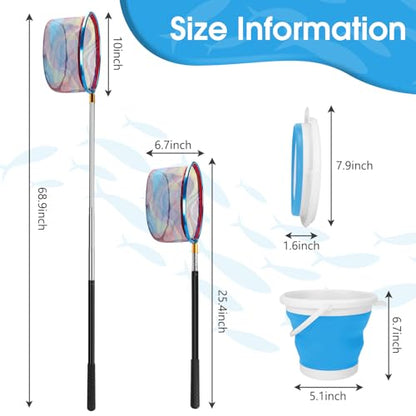 Kids Fishing Net, 2 Pack Telescopic Fishing Landing Net with Aluminum Pole Handle for Kids, Collapsible Bucket Kids Sand Pail, Fishing Net Butterfly Nets for Kids, Outdoor Playing - color: Blue